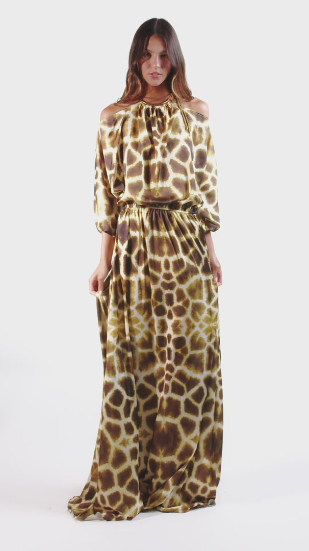 Silvia Yellow Open Shoulder Giraffe Print Maxi Dress