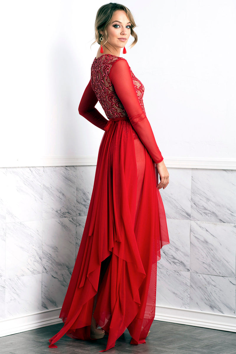 Leila Mesh Red Long Skirt - BACCIO Couture