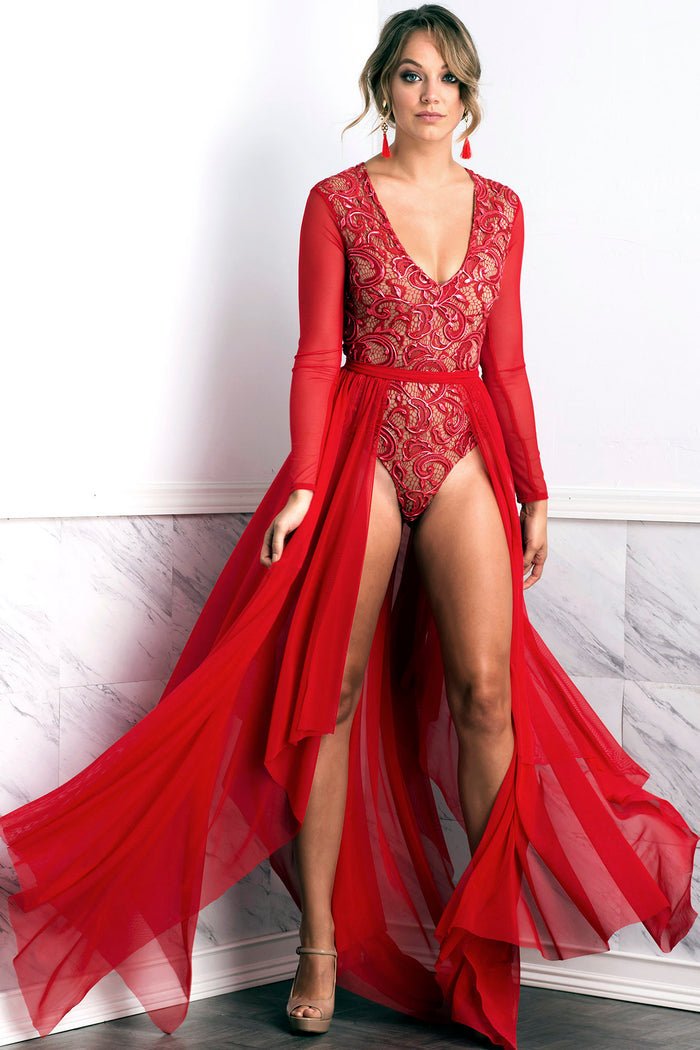 Leila Mesh Red Long Skirt - BACCIO Couture