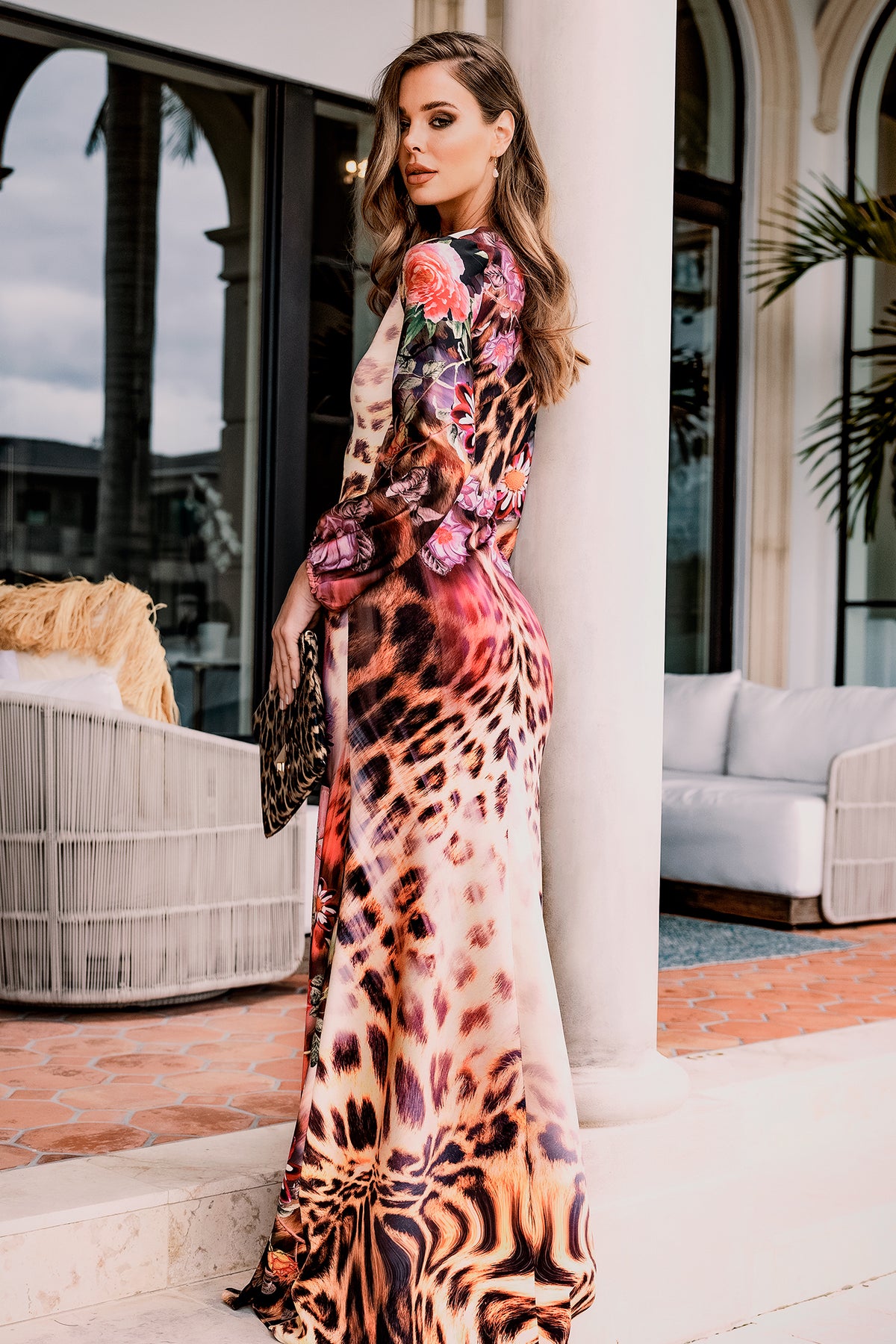 Angelina long sleeve leopard flowers scuba silk gown dress