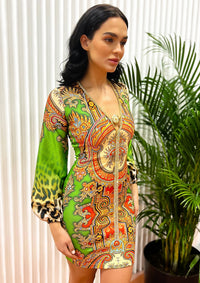 Angelina Short Dress Orange Green Leopard
