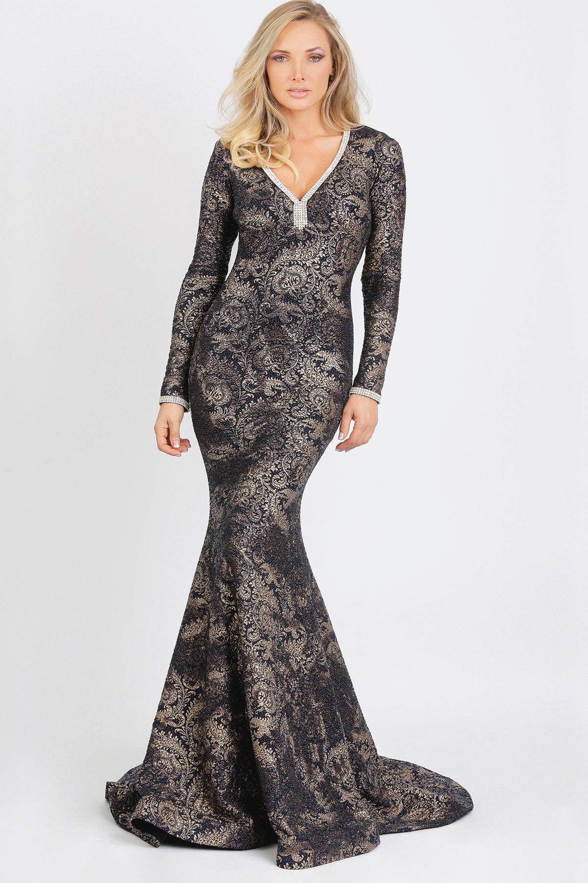 Ashley Glitter Spandex Metallic Jersey Long Dress. Gowns - BACCIO Couture