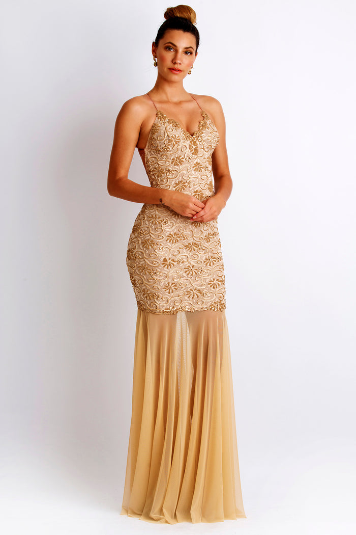 Emily Painted Caviar Champagne Gowns - Long Party Dress - BACCIO Couture