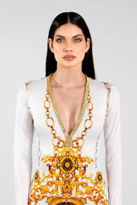 Genova Printed Long Dress White Gold Chains
