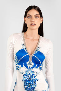 Genova Print Short Dress White Blue