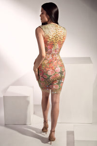 Jess Crystal Mesh Leopard Flowers Short Dress