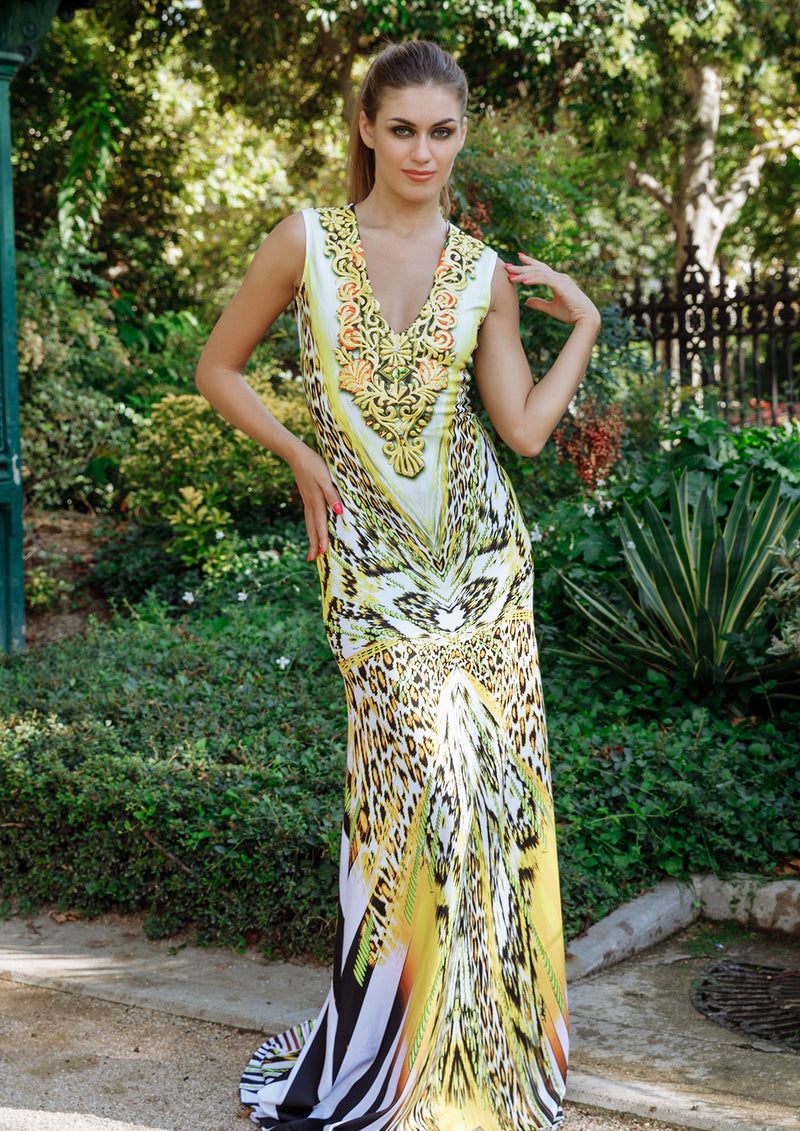 Jess Scuba Paint Long Dress Yellow Leopard