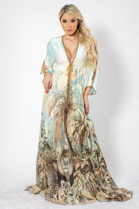 Jungle Print in Silk with Gold Crystals Long Dress - BACCIO Couture