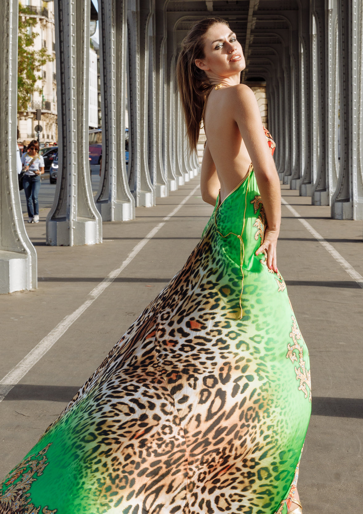 Printed evening outlet gown