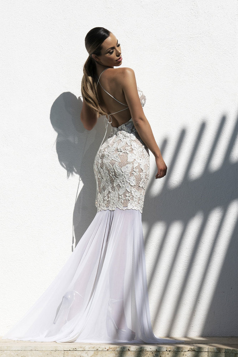Maluz White Handpainted Long Dress - Miami Gowns Design - BACCIO Couture