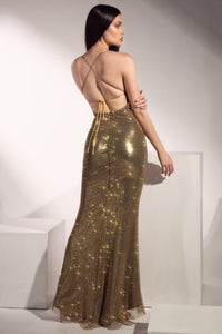 Magda Crystal Mesh Gold Long Dress
