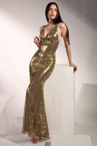 Magda Crystal Mesh Gold Long Dress