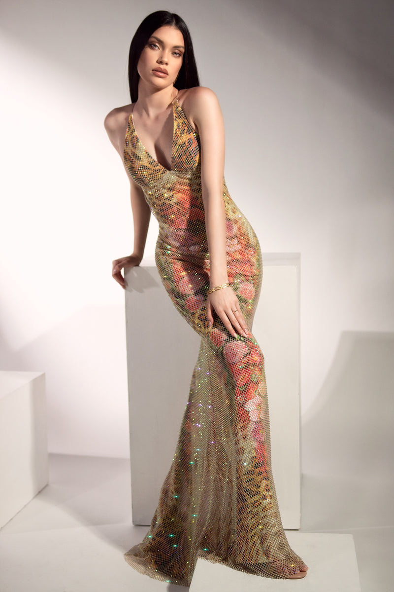 Magda Crystal Mesh Leopard Flowers Long Dress