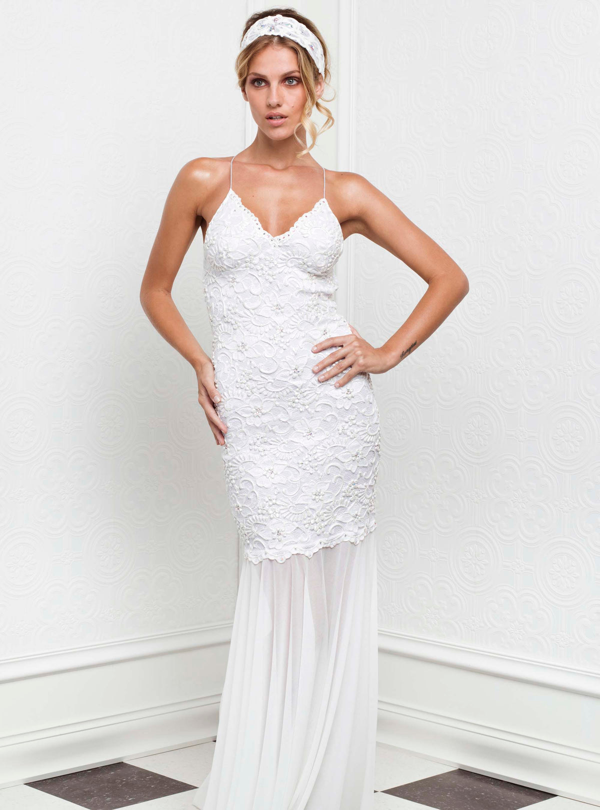 Magda White Stretch Lace Handpainted Gowns - Long Dress - BACCIO Couture