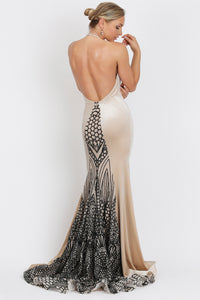 Maira Metallic Sequin Velvet Cream Spandex Gowns - Long Dress - BACCIO Couture