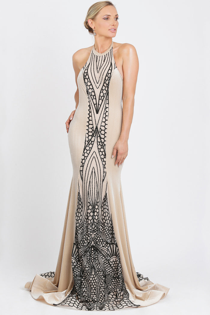 Maira Metallic Sequin Velvet Cream Spandex Gowns - Long Dress - BACCIO Couture