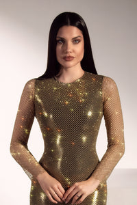 Mell Crystal Mesh Gold Short Dress