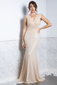 Priscilla Cream Sequins Long Dress - BACCIO Couture