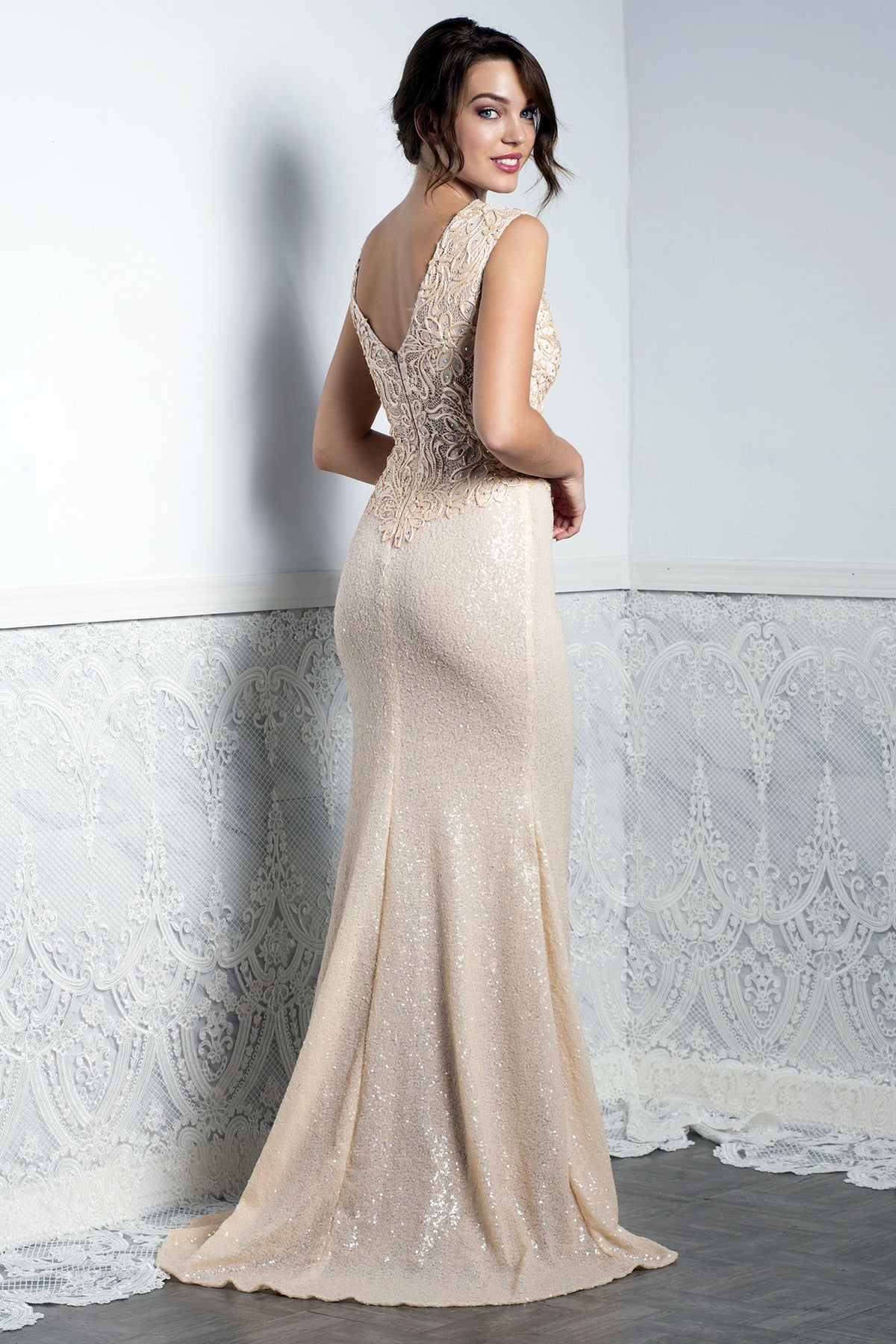 Priscilla Cream Sequins Long Dress - BACCIO Couture