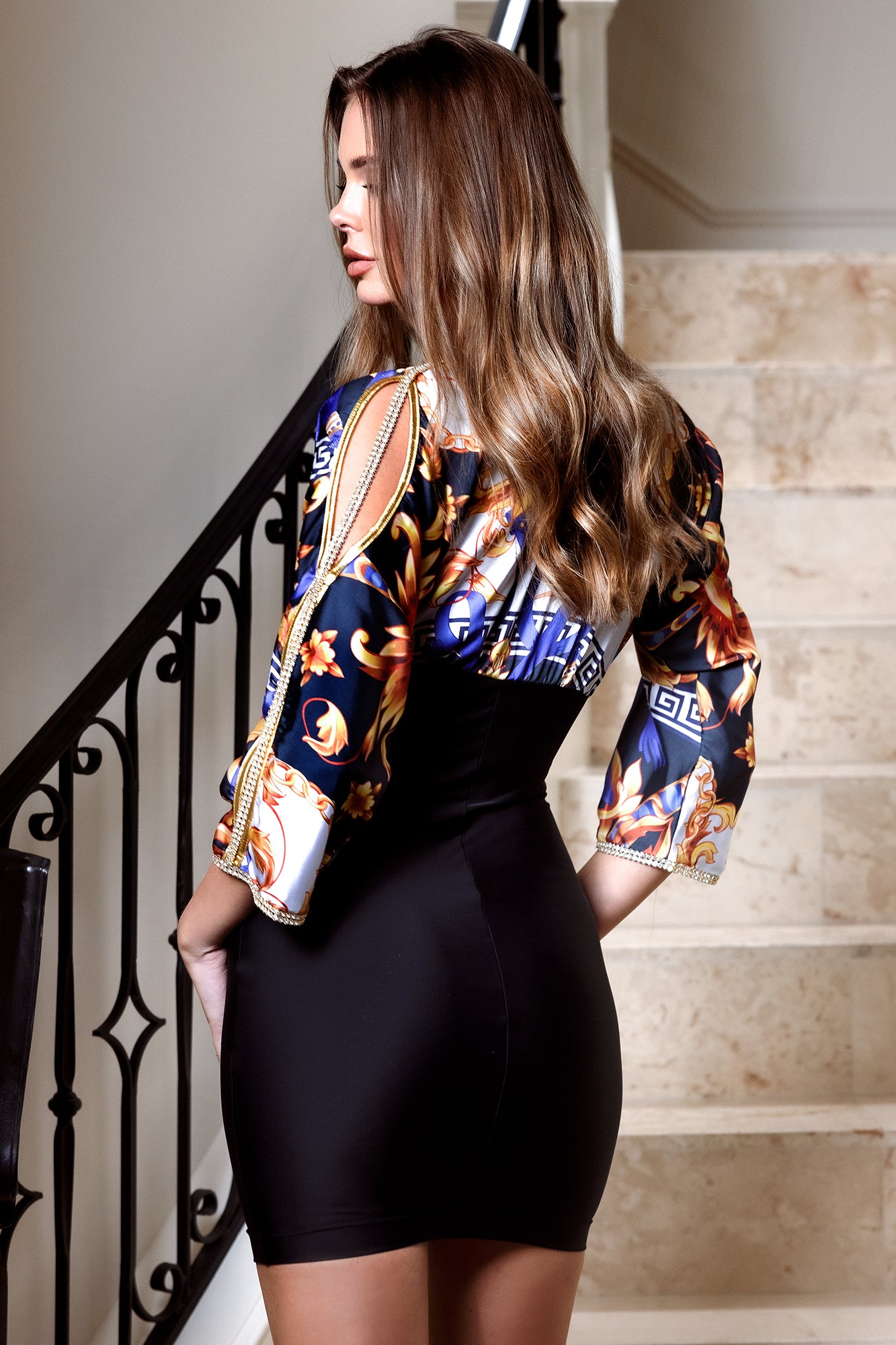 Sheer Versa blue printed silk bandage - Short Cocktail Dress - BACCIO by Altamirano