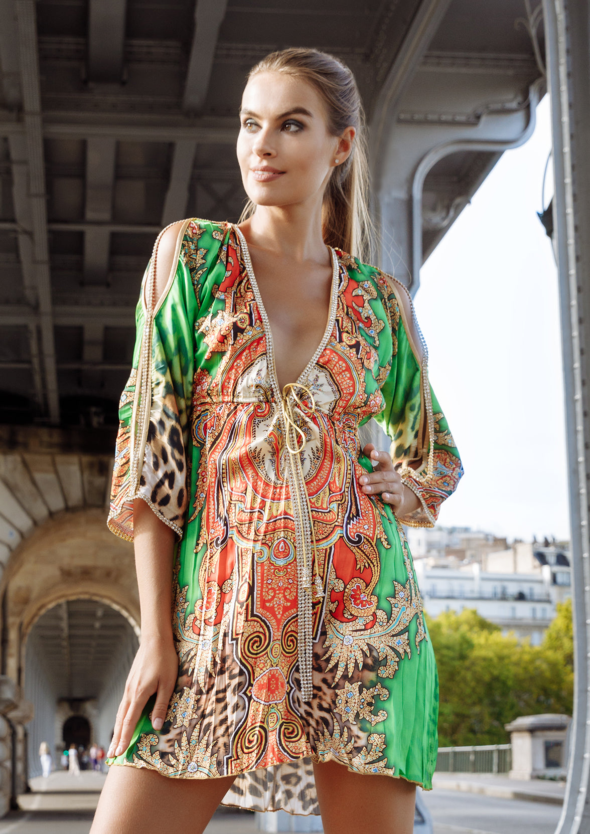 Sheer Orange Green Leopard - Short Cocktail Dress - BACCIO by Altamirano