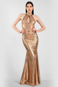 Viena Painted Long Dress Metallic Rose Gold
