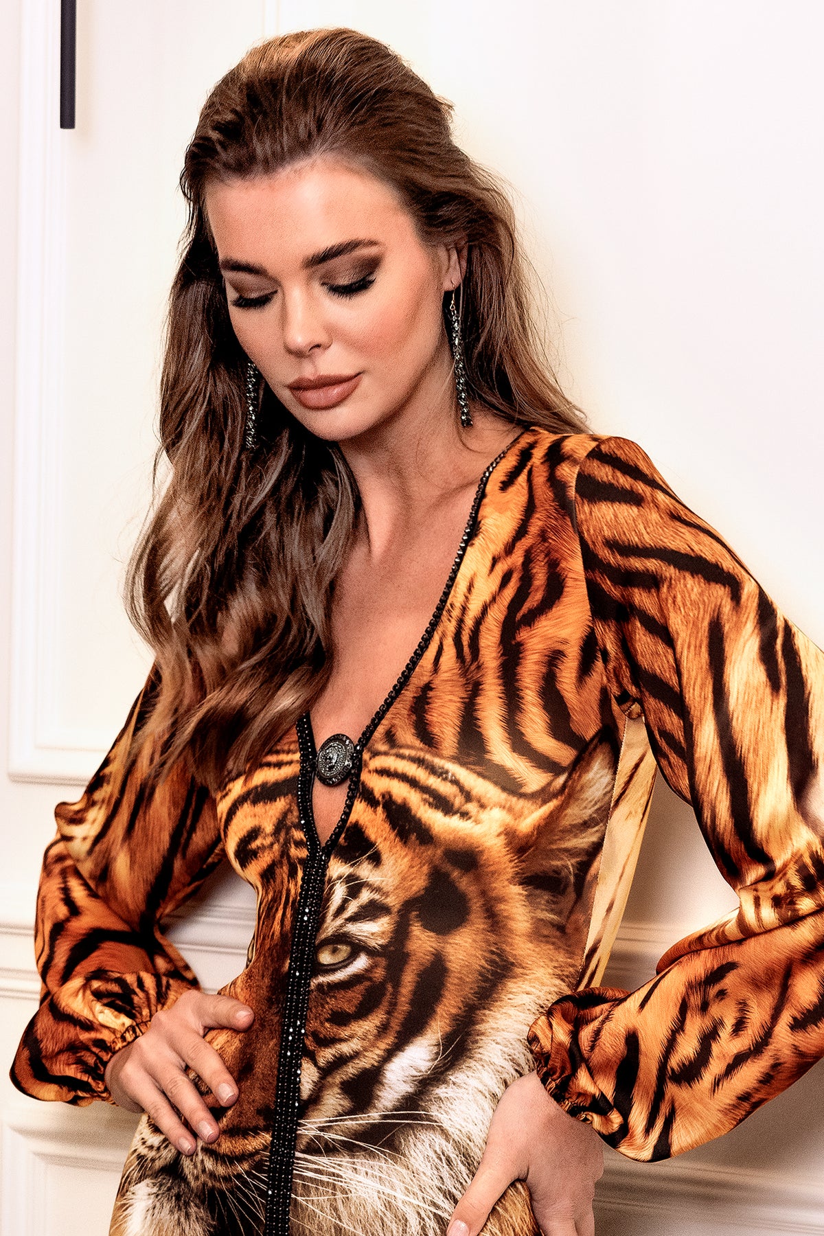 Angelina long sleeve tiger brown scuba silk cocktail dress