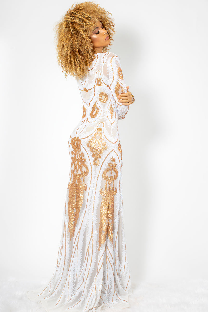 Maesa Gold and White Sequins White Long Dress - BACCIO Couture