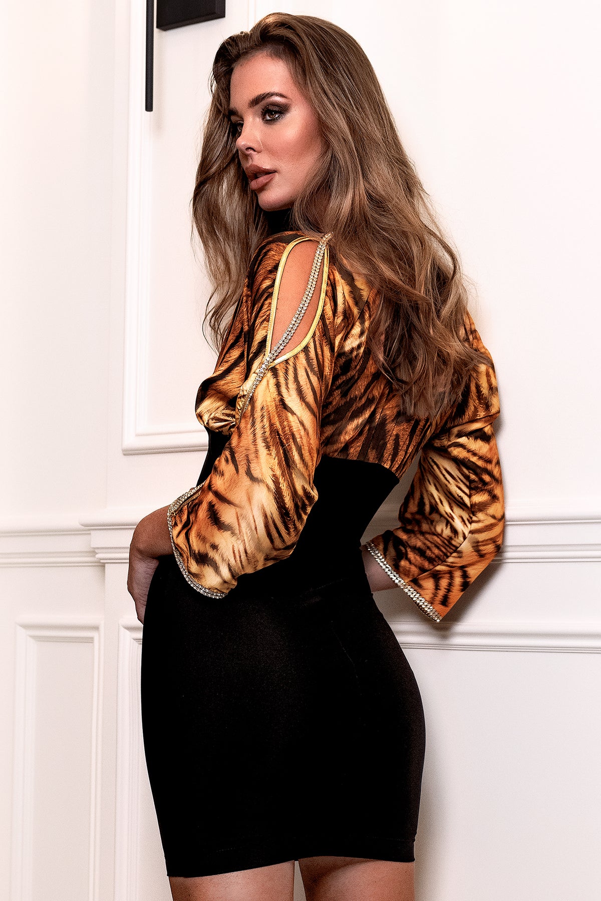 Sheer open sleeve tiger brown silk bandage cocktail dress