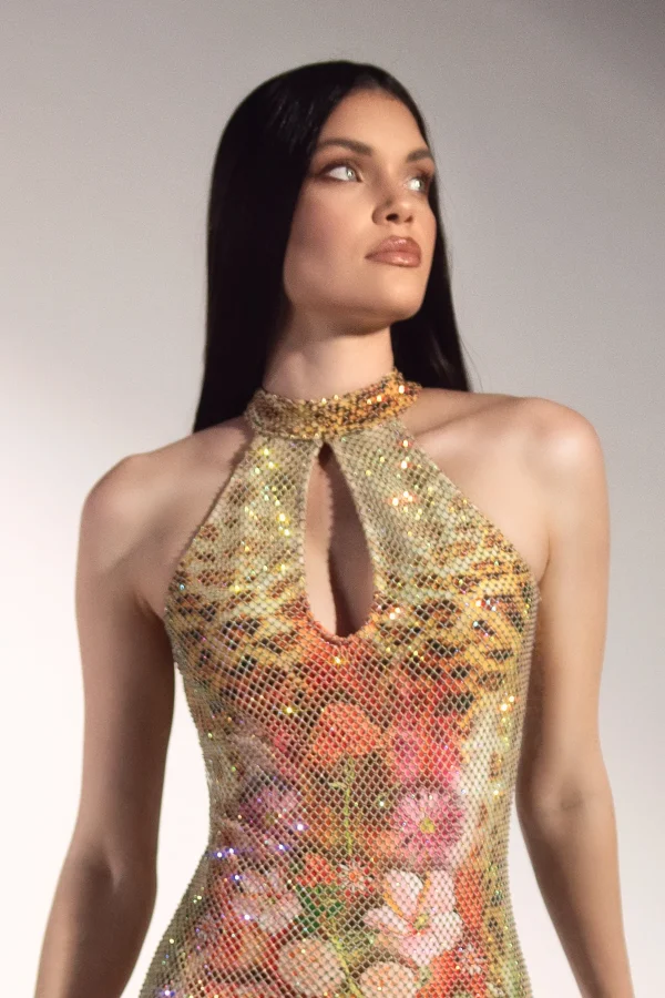 Maira Crystal Mesh Leopard Flowers Short Dress - Image 3