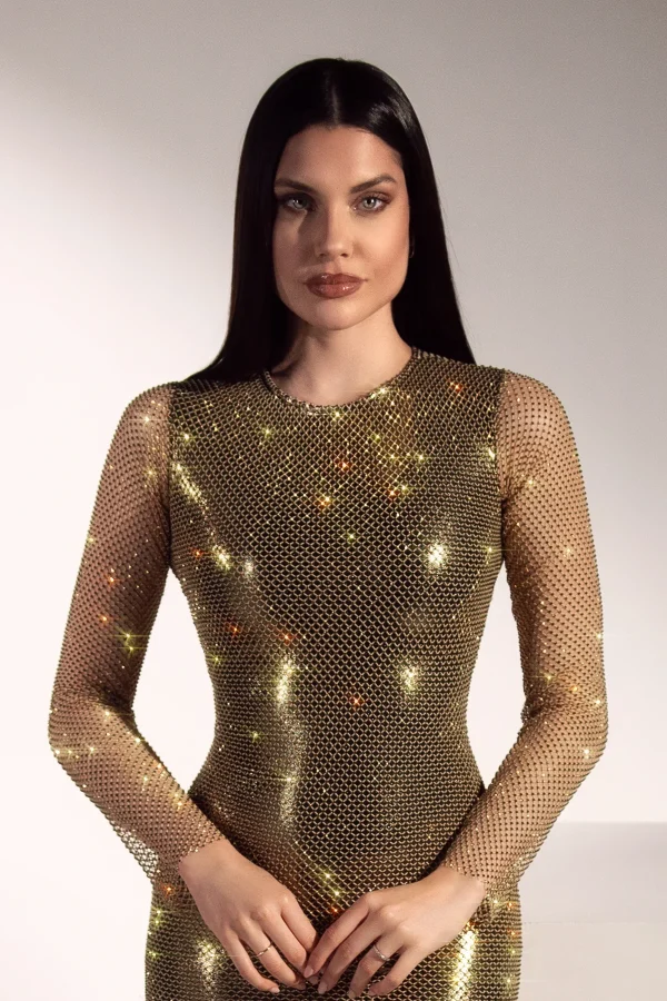 Mell Crystal Mesh Gold Short Dress - Image 3