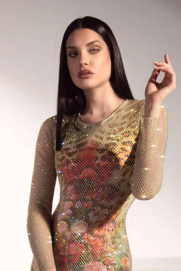 Mell Crystal Mesh Leopard Flowers Short Dress - Image 3