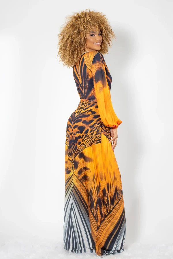 Mimi Orange Leopard Spandex with Gold Crystals Long Dress - Image 2