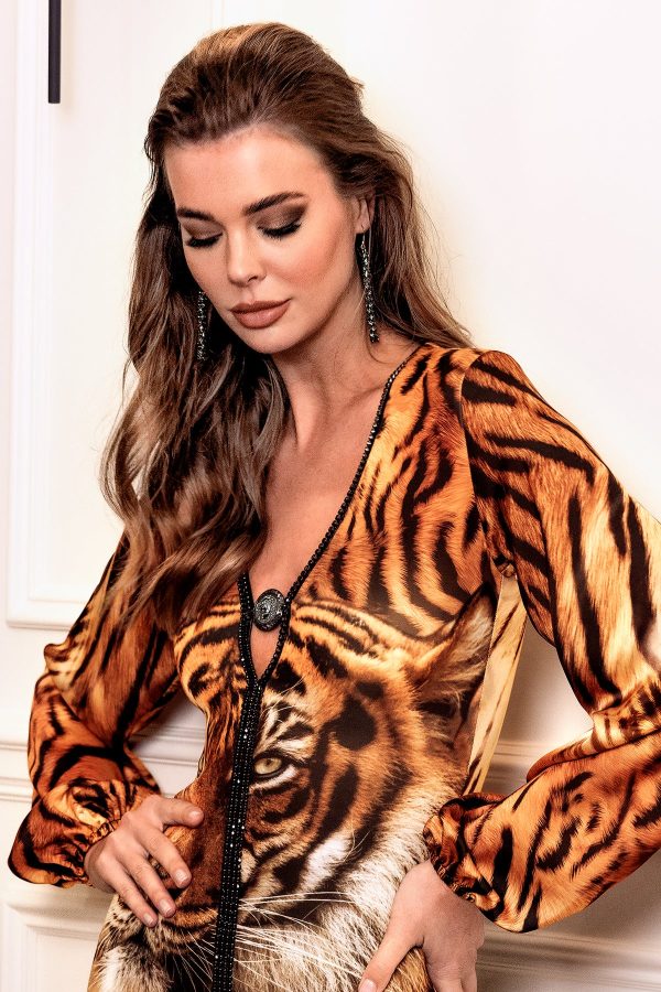 Angelina long sleeve tiger brown scuba silk - Short Cocktail Dress - Image 3