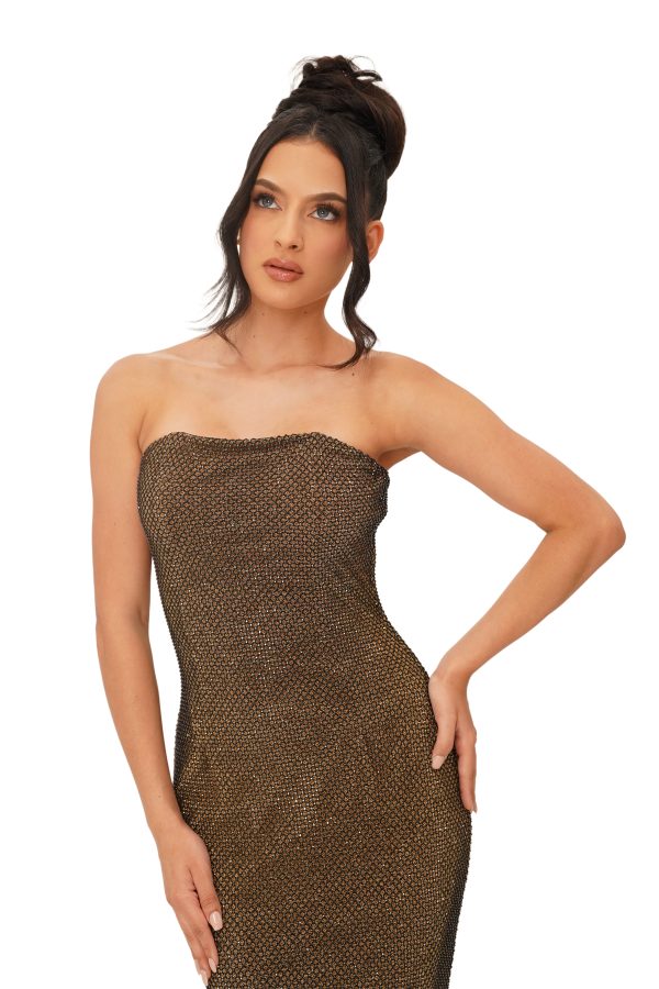 Strapless Crystal Mesh Long Gold Black - Image 4