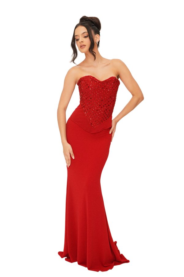 Mila Bustier Set (Rombo Crystal Spandex Metallic Fabric) Red-Red