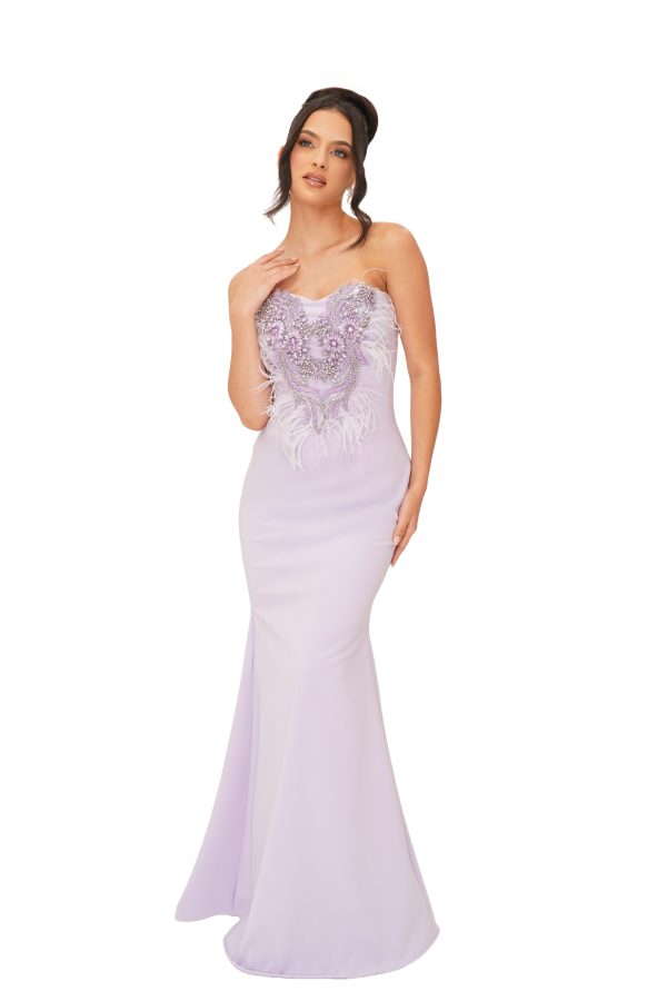 Lina Feathers Crystal Long (spandex Crepe -Crystals -feathers) Lilac