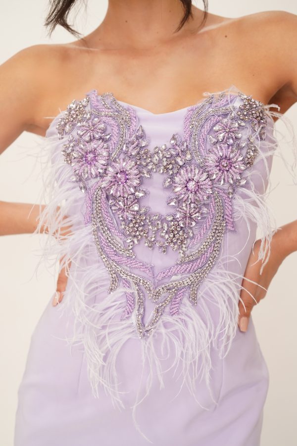 Lina Feathers Crystal Long (spandex Crepe -Crystals -feathers) Lilac - Image 3