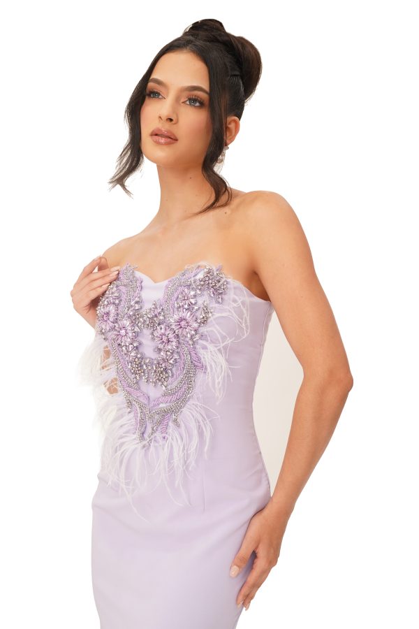 Lina Feathers Crystal Long (spandex Crepe -Crystals -feathers) Lilac - Image 4