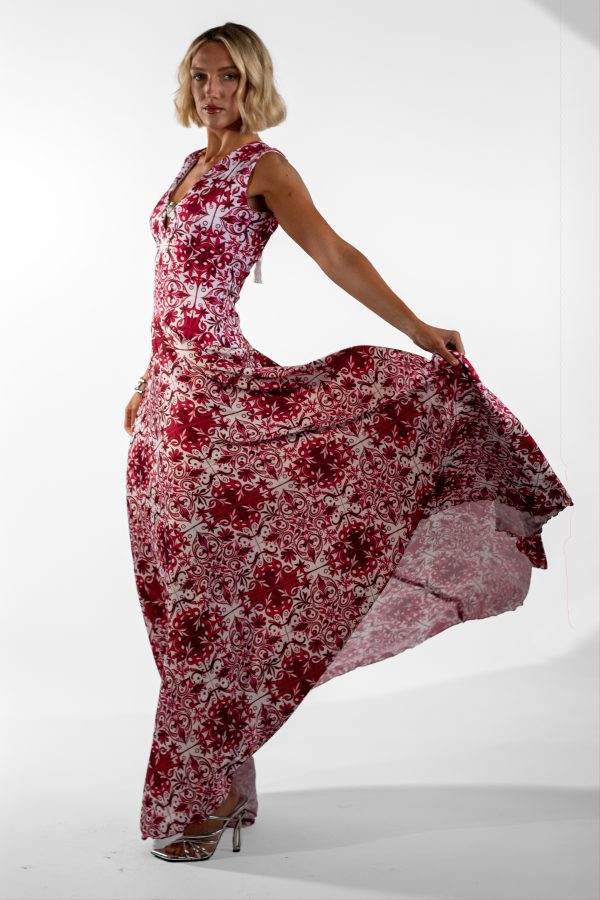 Cataleya Red V-Neck Mosaic Print Maxi Dress - Image 4