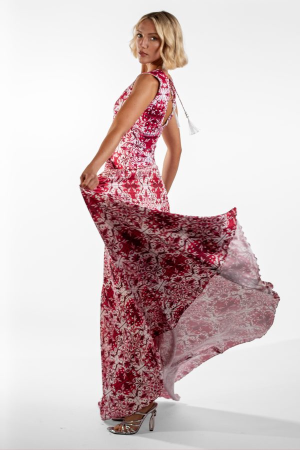 Cataleya Red V-Neck Mosaic Print Maxi Dress - Image 5
